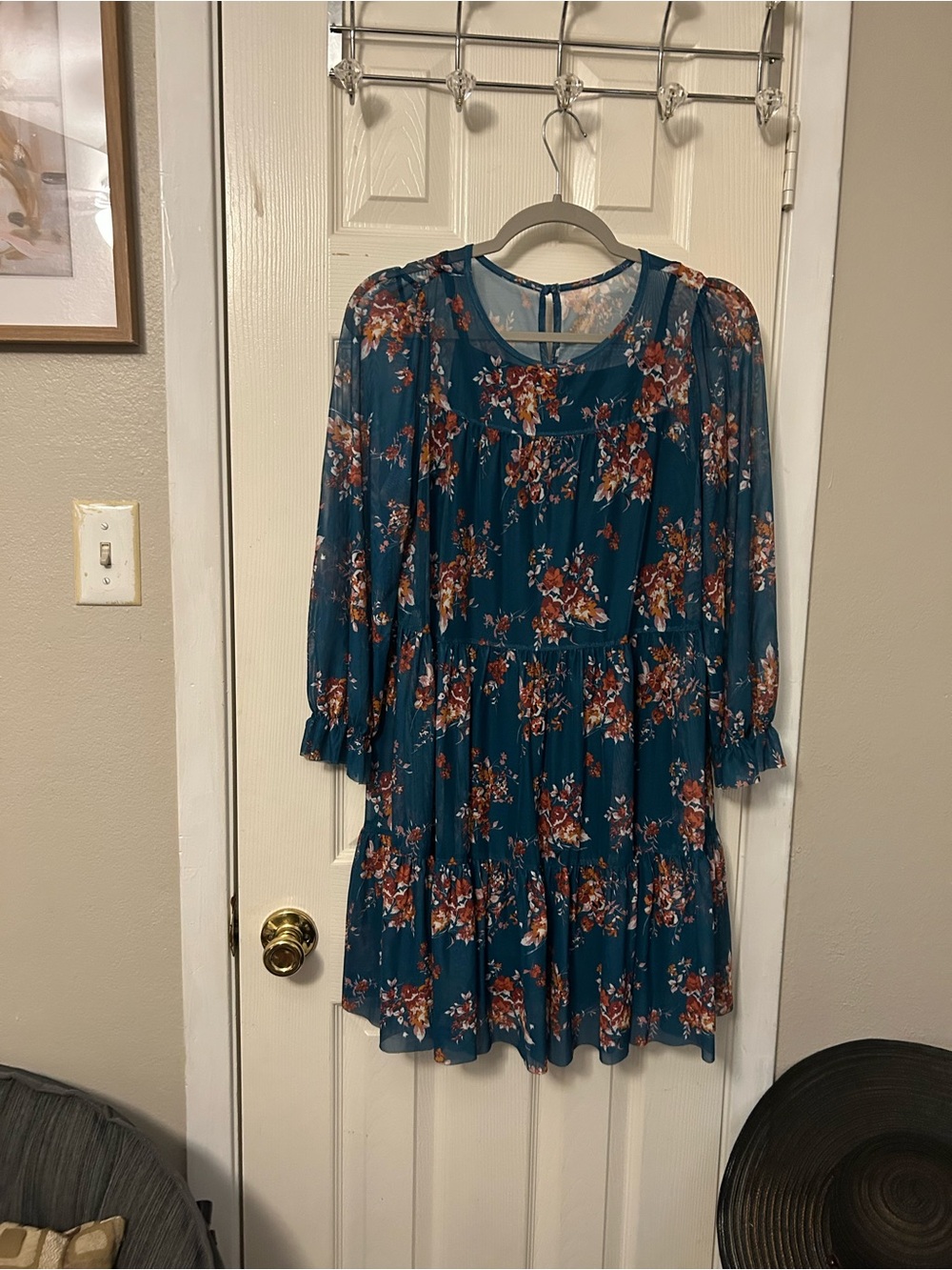 lilt Teal Floral Tiered Long-Sleeve Dress
